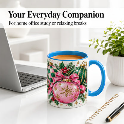 #pl[11oz|Blue] Pink Christmas Ornaments Ceramic Mug, Bow and Holly Holiday Design
