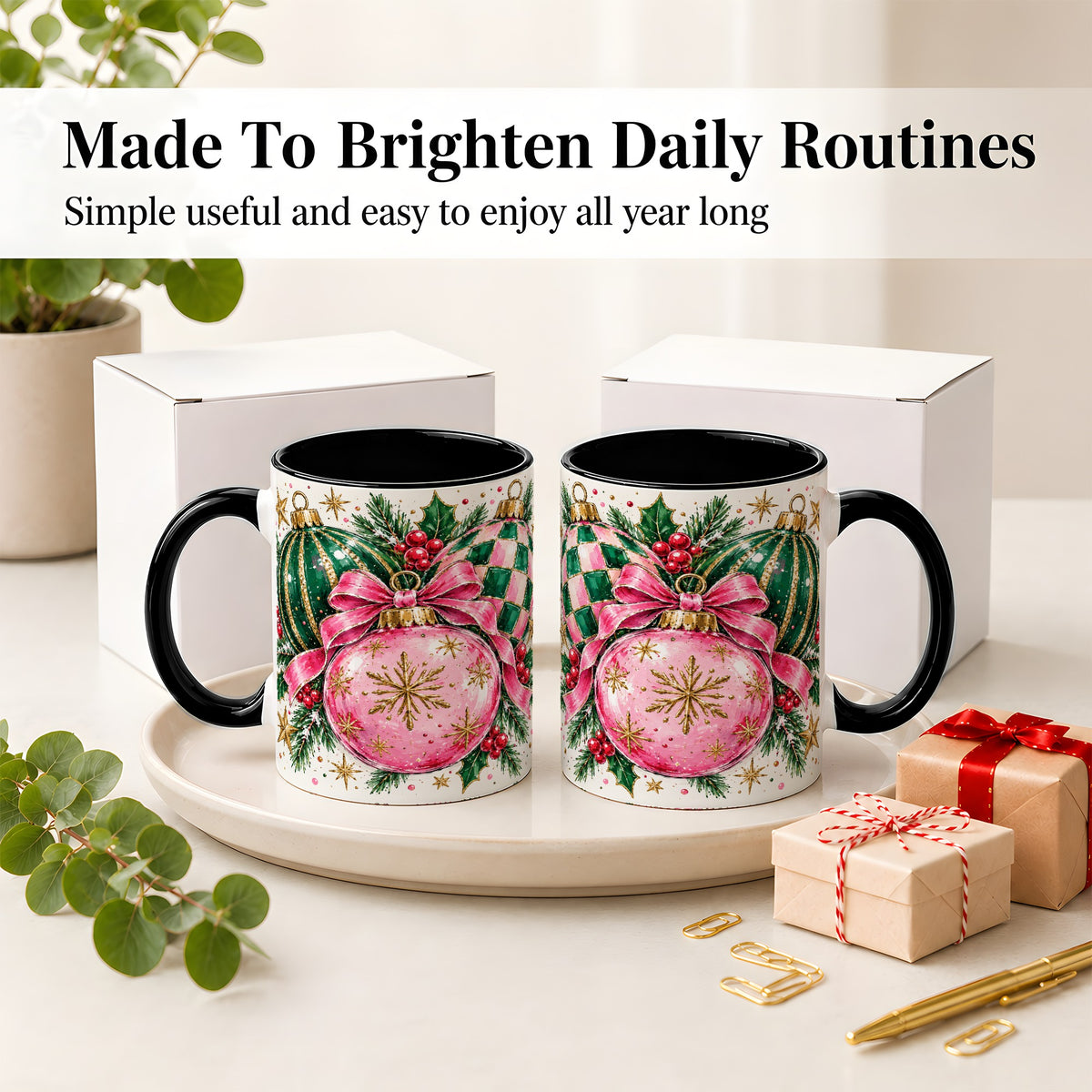 #pl[11oz|Black] Pink Christmas Ornaments Ceramic Mug, Bow and Holly Holiday Design