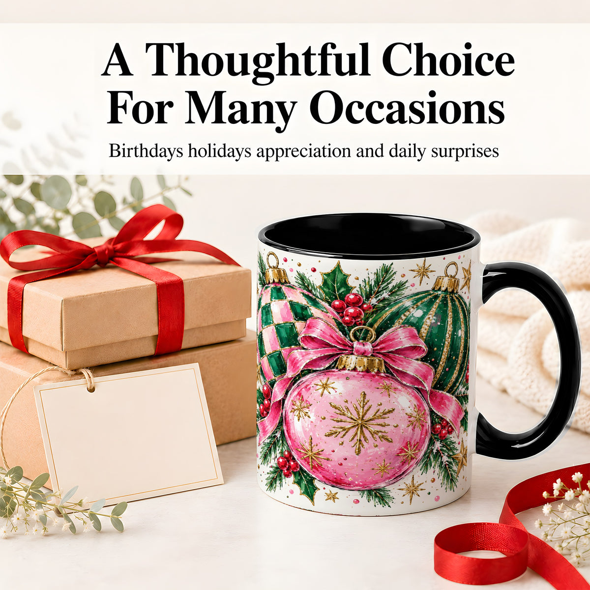 #pl[11oz|Black] Pink Christmas Ornaments Ceramic Mug, Bow and Holly Holiday Design