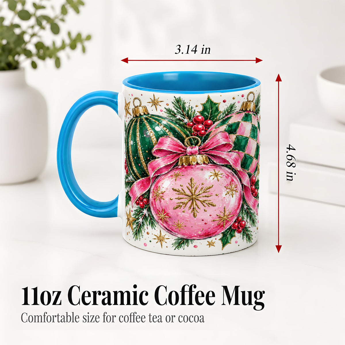 #pl[11oz|Blue] Pink Christmas Ornaments Ceramic Mug, Bow and Holly Holiday Design