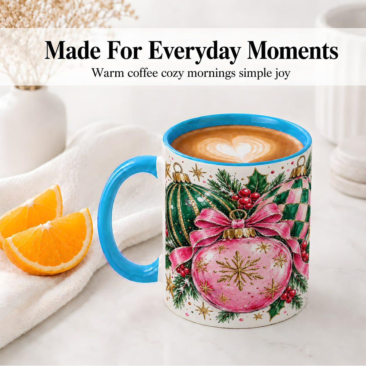 #pl[11oz|Blue] Pink Christmas Ornaments Ceramic Mug, Bow and Holly Holiday Design