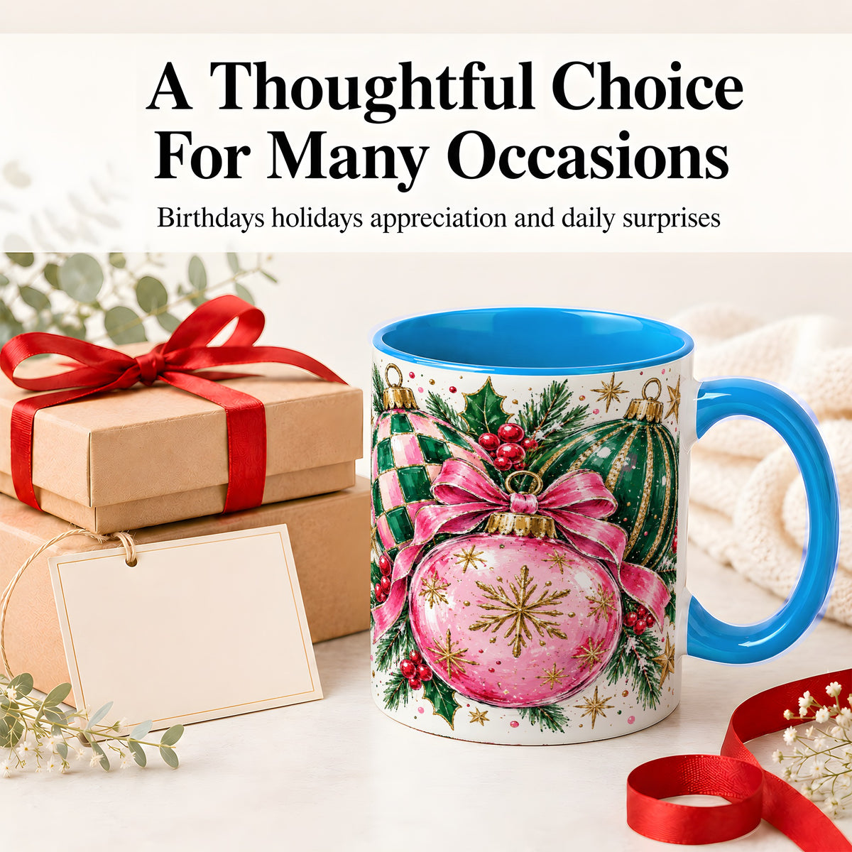 #pl[11oz|Blue] Pink Christmas Ornaments Ceramic Mug, Bow and Holly Holiday Design