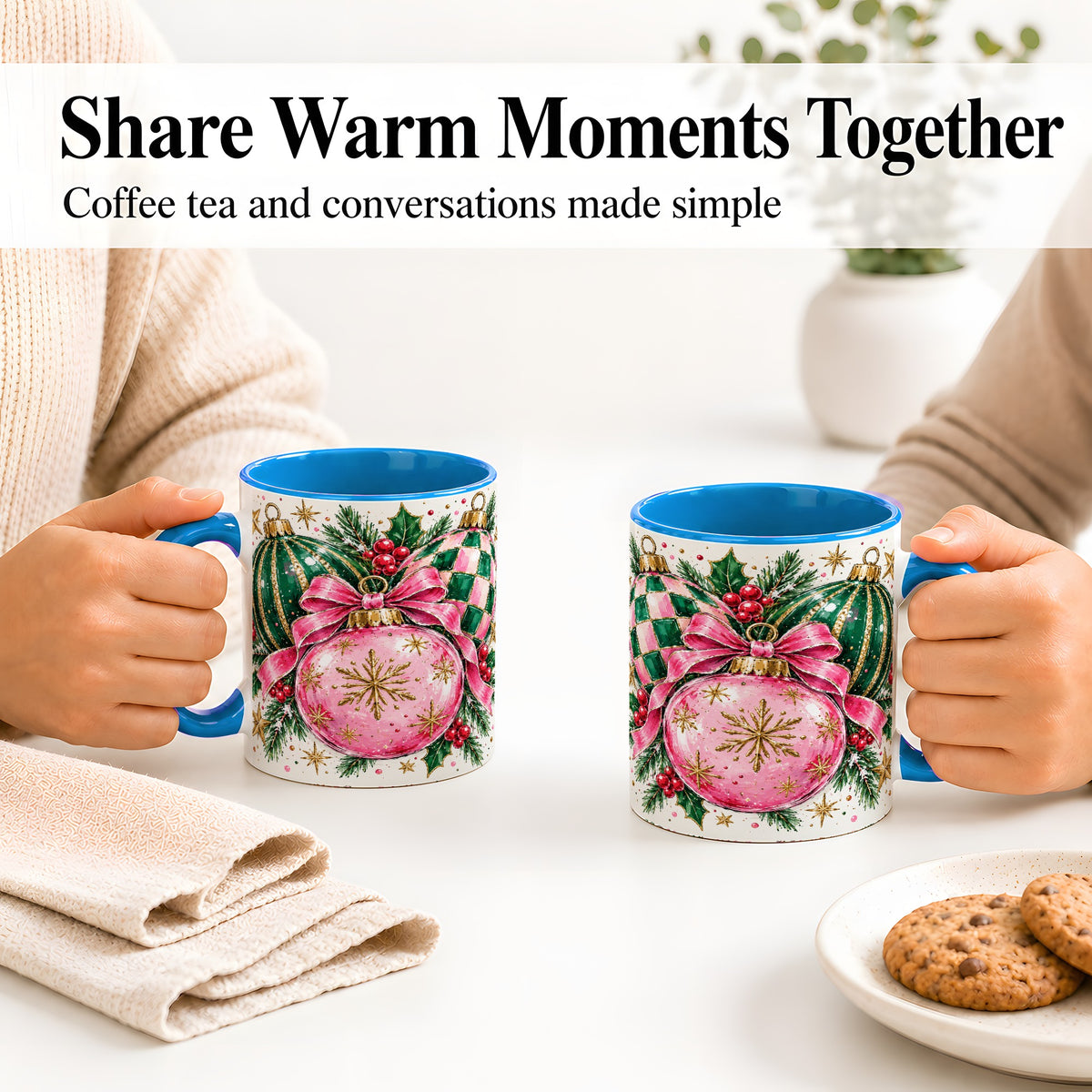 #pl[11oz|Blue] Pink Christmas Ornaments Ceramic Mug, Bow and Holly Holiday Design