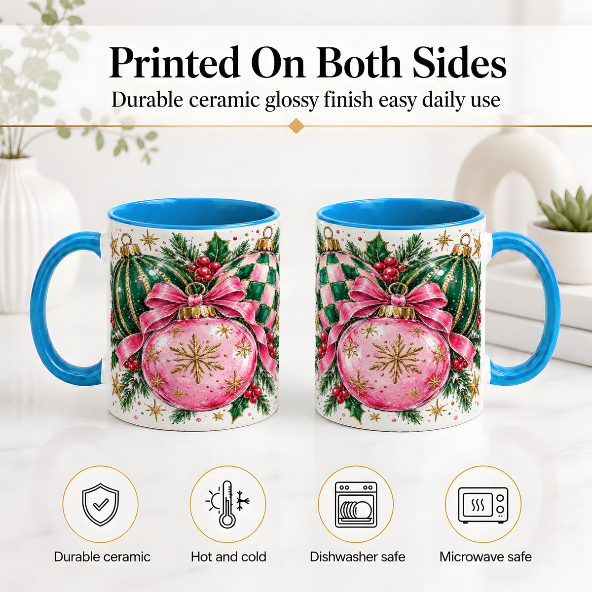 #pl[11oz|Blue] Pink Christmas Ornaments Ceramic Mug, Bow and Holly Holiday Design