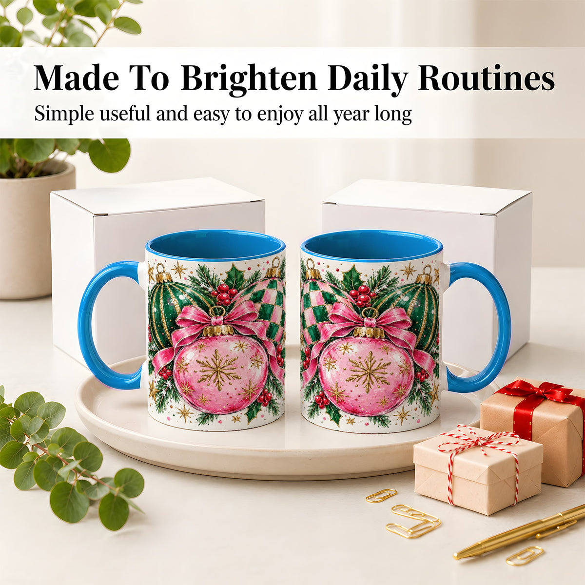 #pl[11oz|Blue] Pink Christmas Ornaments Ceramic Mug, Bow and Holly Holiday Design