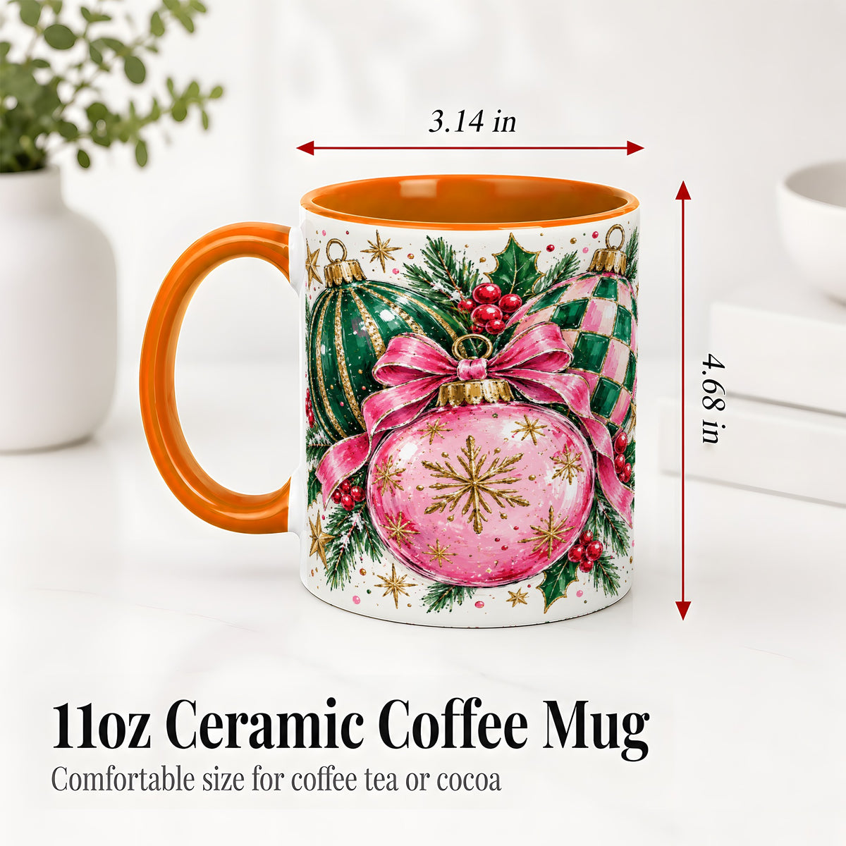 #pl[11oz|Orange] Pink Christmas Ornaments Ceramic Mug, Bow and Holly Holiday Design