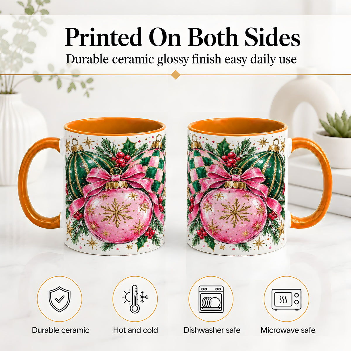 #pl[11oz|Orange] Pink Christmas Ornaments Ceramic Mug, Bow and Holly Holiday Design