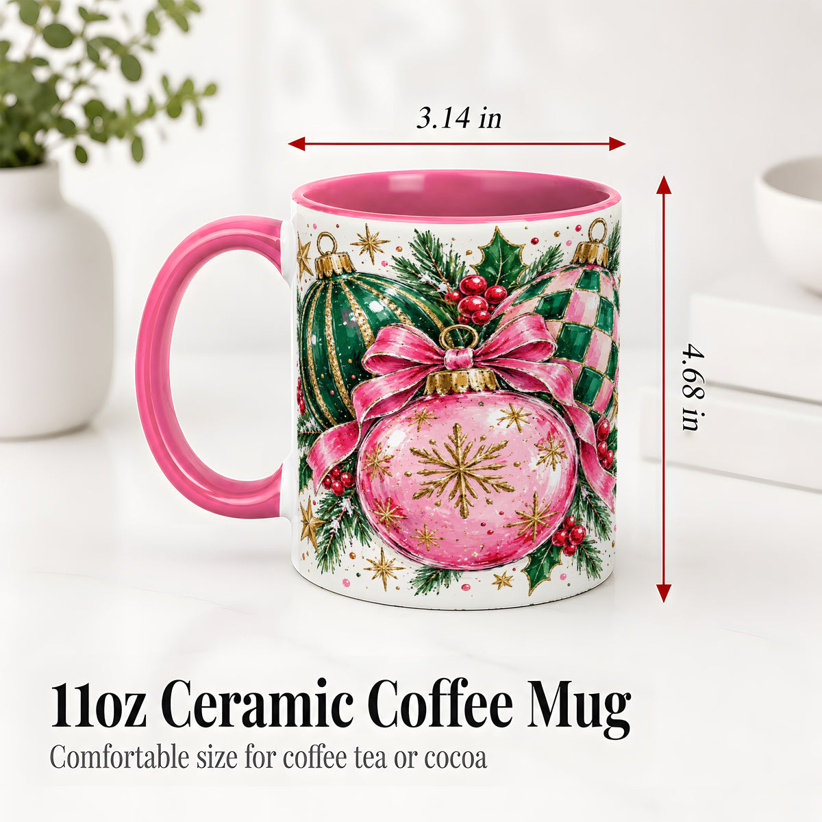 #pl[11oz|Pink] Pink Christmas Ornaments Ceramic Mug, Bow and Holly Holiday Design