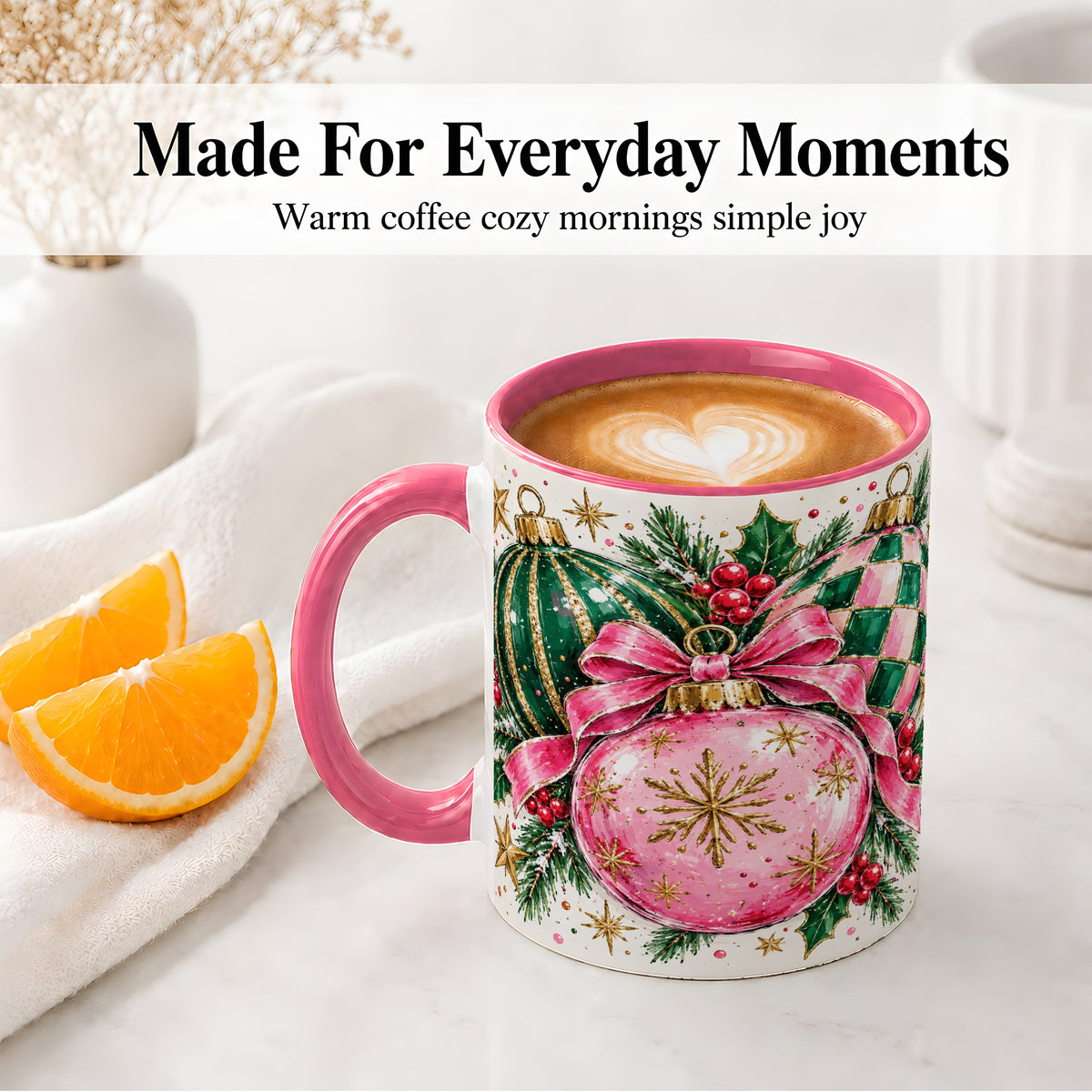 #pl[11oz|Pink] Pink Christmas Ornaments Ceramic Mug, Bow and Holly Holiday Design