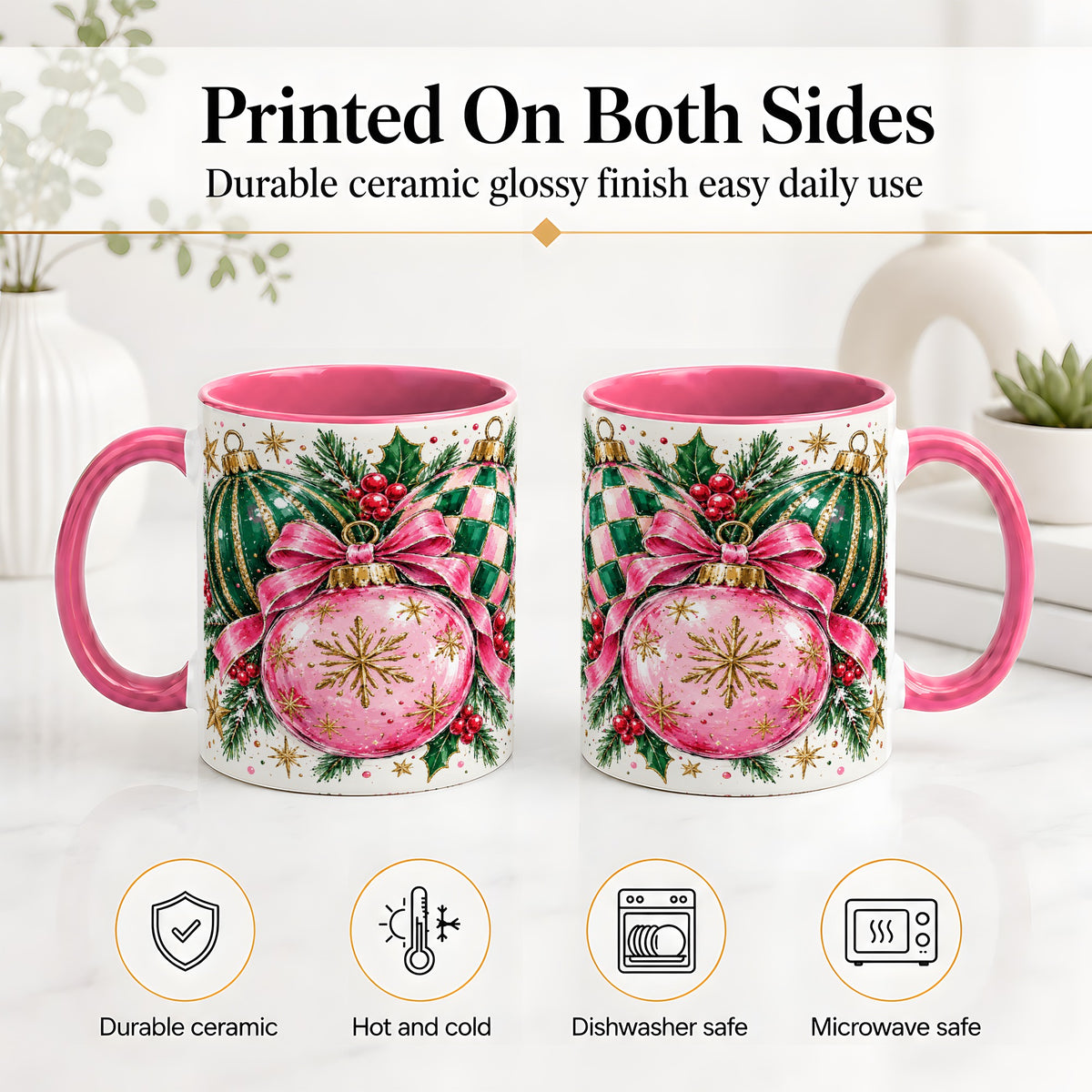 #pl[11oz|Pink] Pink Christmas Ornaments Ceramic Mug, Bow and Holly Holiday Design