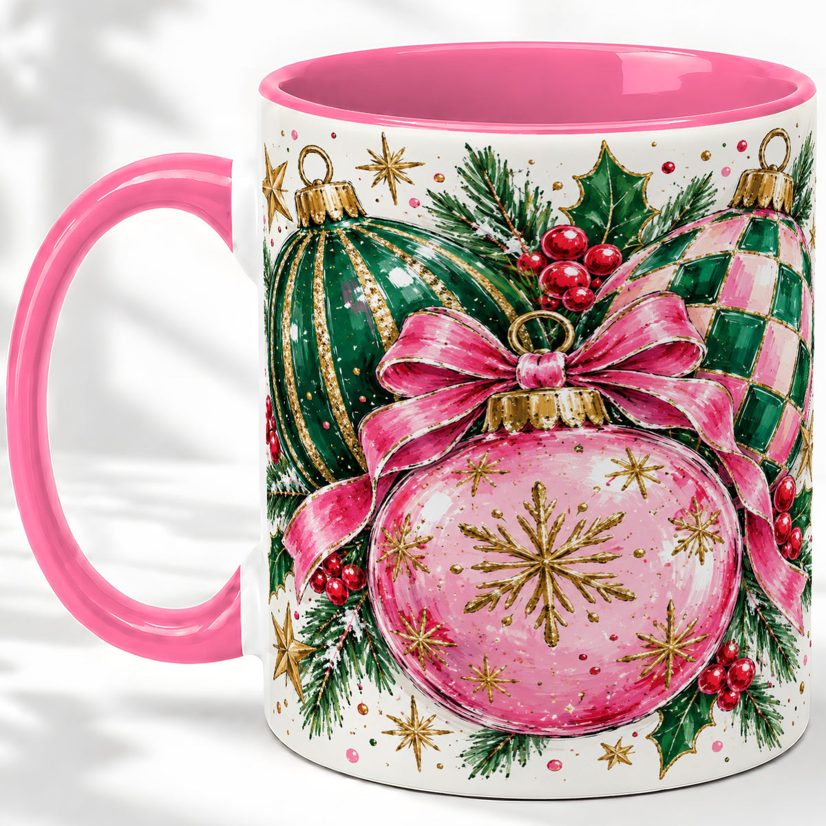#pl[11oz|Pink] Pink Christmas Ornaments Ceramic Mug, Bow and Holly Holiday Design