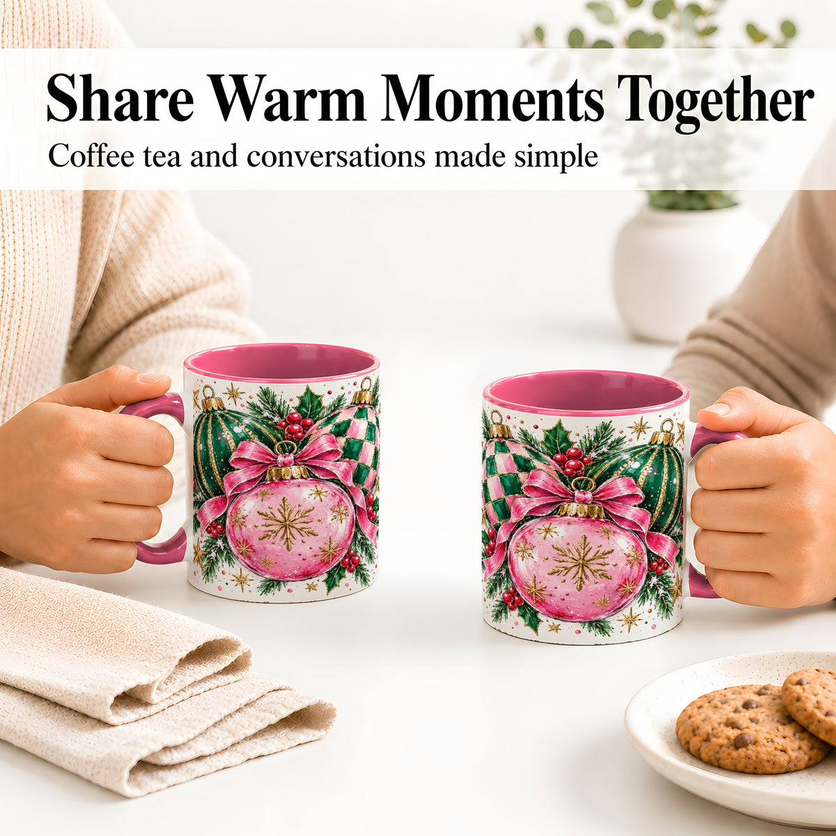 #pl[11oz|Pink] Pink Christmas Ornaments Ceramic Mug, Bow and Holly Holiday Design