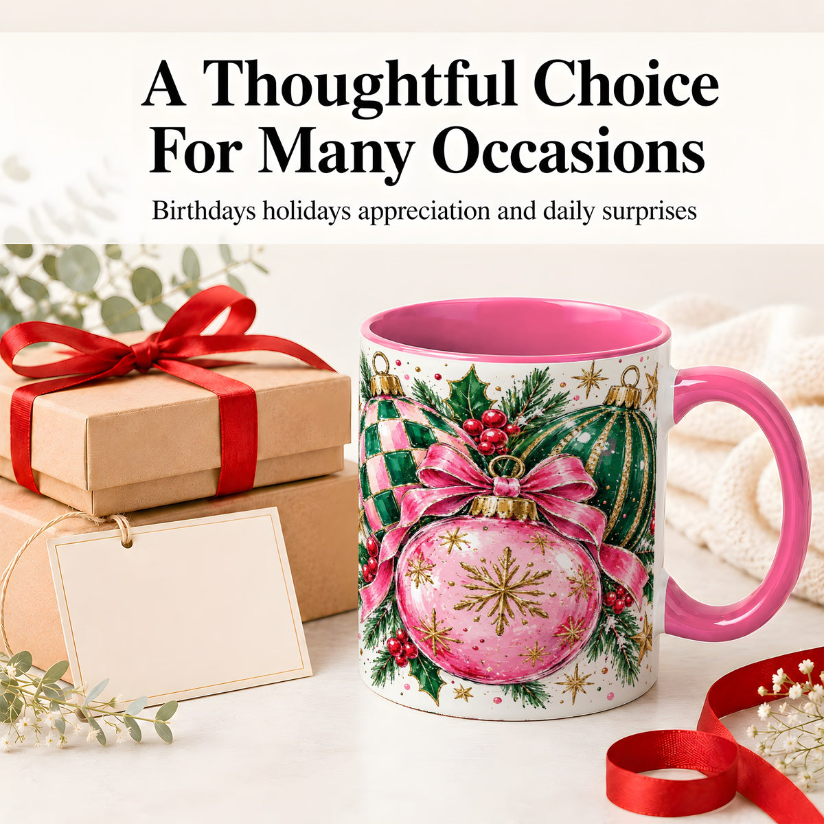 #pl[11oz|Pink] Pink Christmas Ornaments Ceramic Mug, Bow and Holly Holiday Design