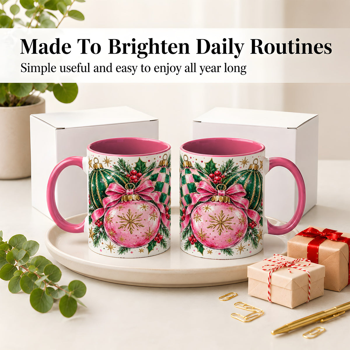 #pl[11oz|Pink] Pink Christmas Ornaments Ceramic Mug, Bow and Holly Holiday Design