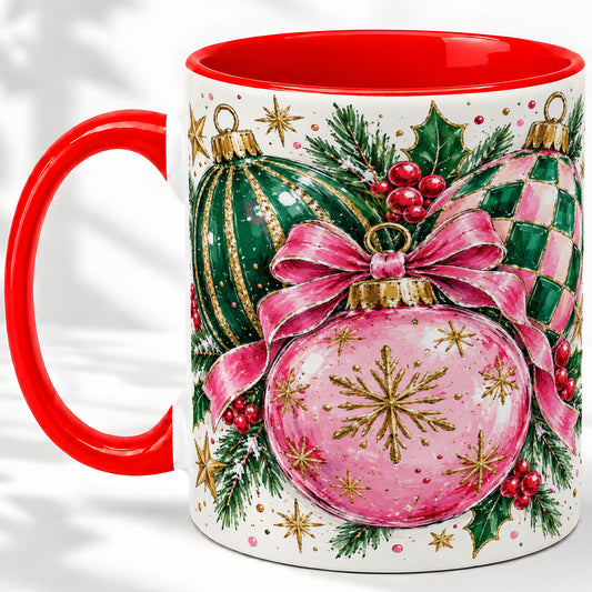 Pink Christmas Ornaments Ceramic Mug, Bow and Holly Holiday Design