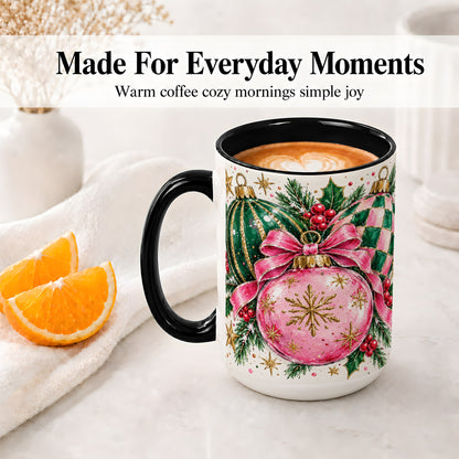 #pl[15oz|Black] Pink Christmas Ornaments Ceramic Mug, Bow and Holly Holiday Design