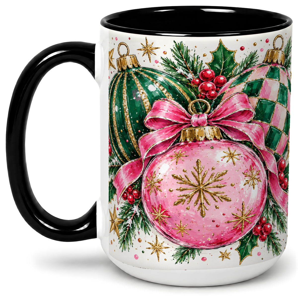 #pl[15oz|Black] Pink Christmas Ornaments Ceramic Mug, Bow and Holly Holiday Design