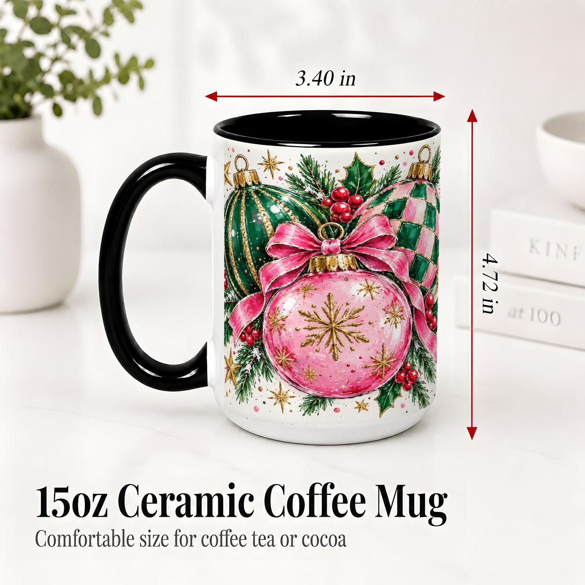 #pl[15oz|Black] Pink Christmas Ornaments Ceramic Mug, Bow and Holly Holiday Design