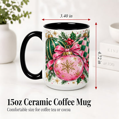 #pl[15oz|Black] Pink Christmas Ornaments Ceramic Mug, Bow and Holly Holiday Design