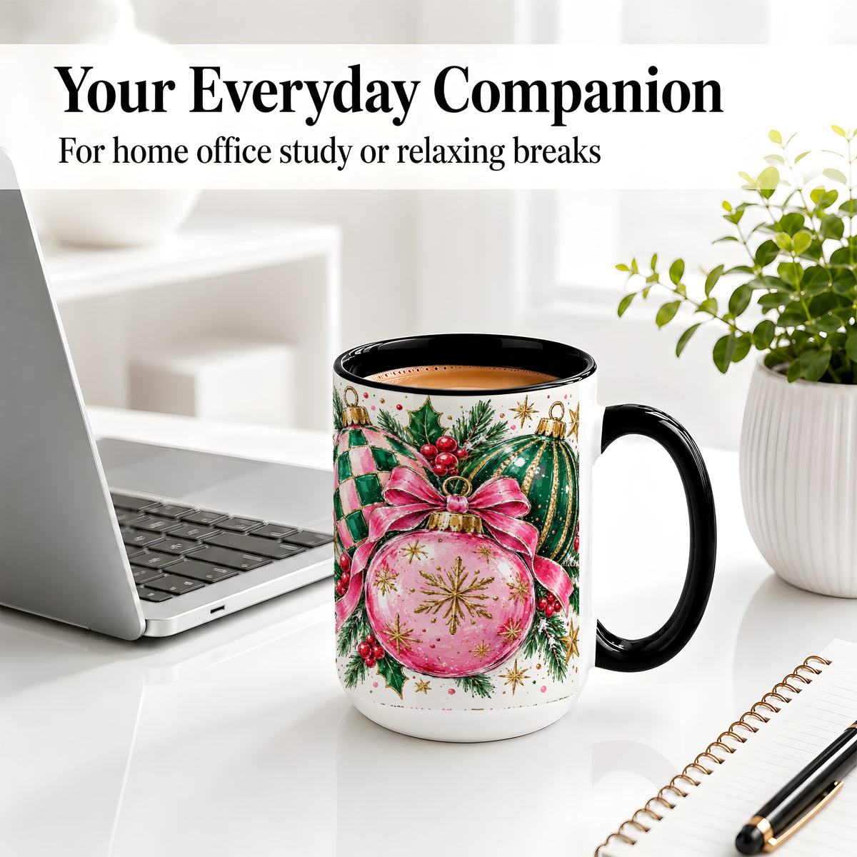 #pl[15oz|Black] Pink Christmas Ornaments Ceramic Mug, Bow and Holly Holiday Design