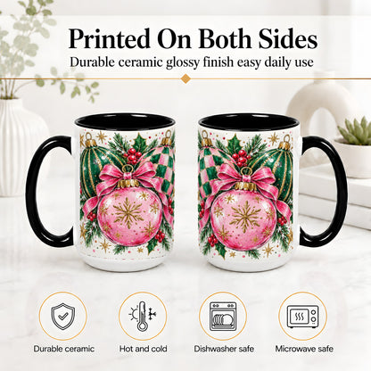 #pl[15oz|Black] Pink Christmas Ornaments Ceramic Mug, Bow and Holly Holiday Design