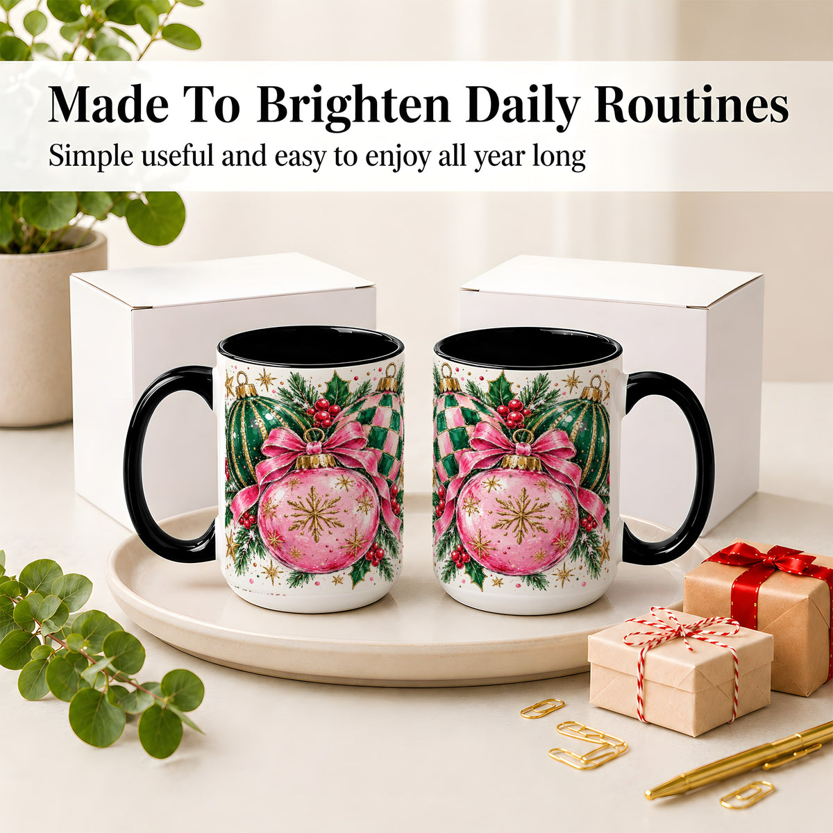 #pl[15oz|Black] Pink Christmas Ornaments Ceramic Mug, Bow and Holly Holiday Design