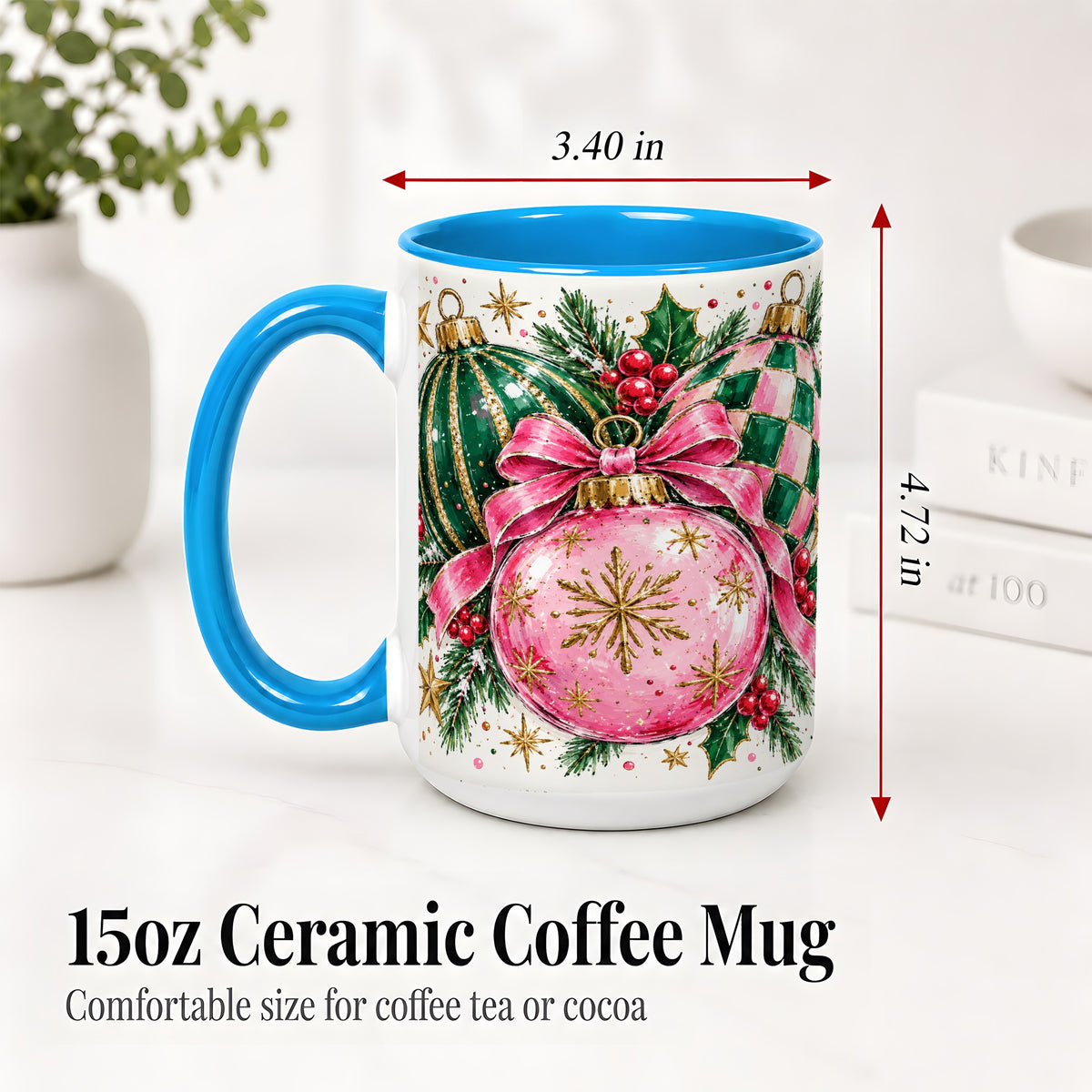 #pl[15oz|Blue] Pink Christmas Ornaments Ceramic Mug, Bow and Holly Holiday Design