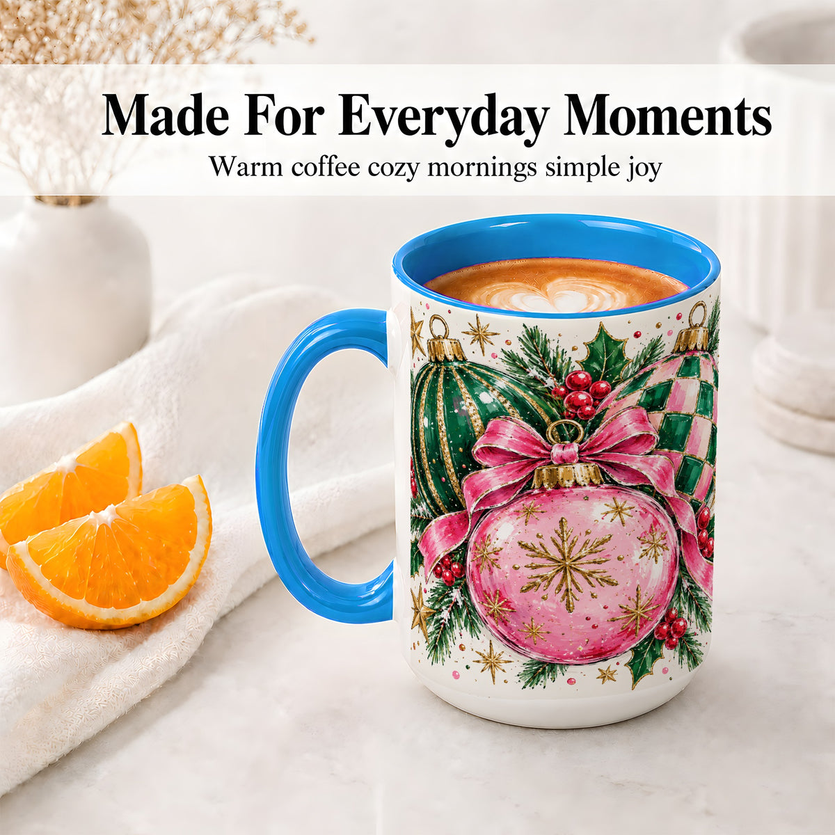#pl[15oz|Blue] Pink Christmas Ornaments Ceramic Mug, Bow and Holly Holiday Design
