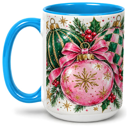 #pl[15oz|Blue] Pink Christmas Ornaments Ceramic Mug, Bow and Holly Holiday Design