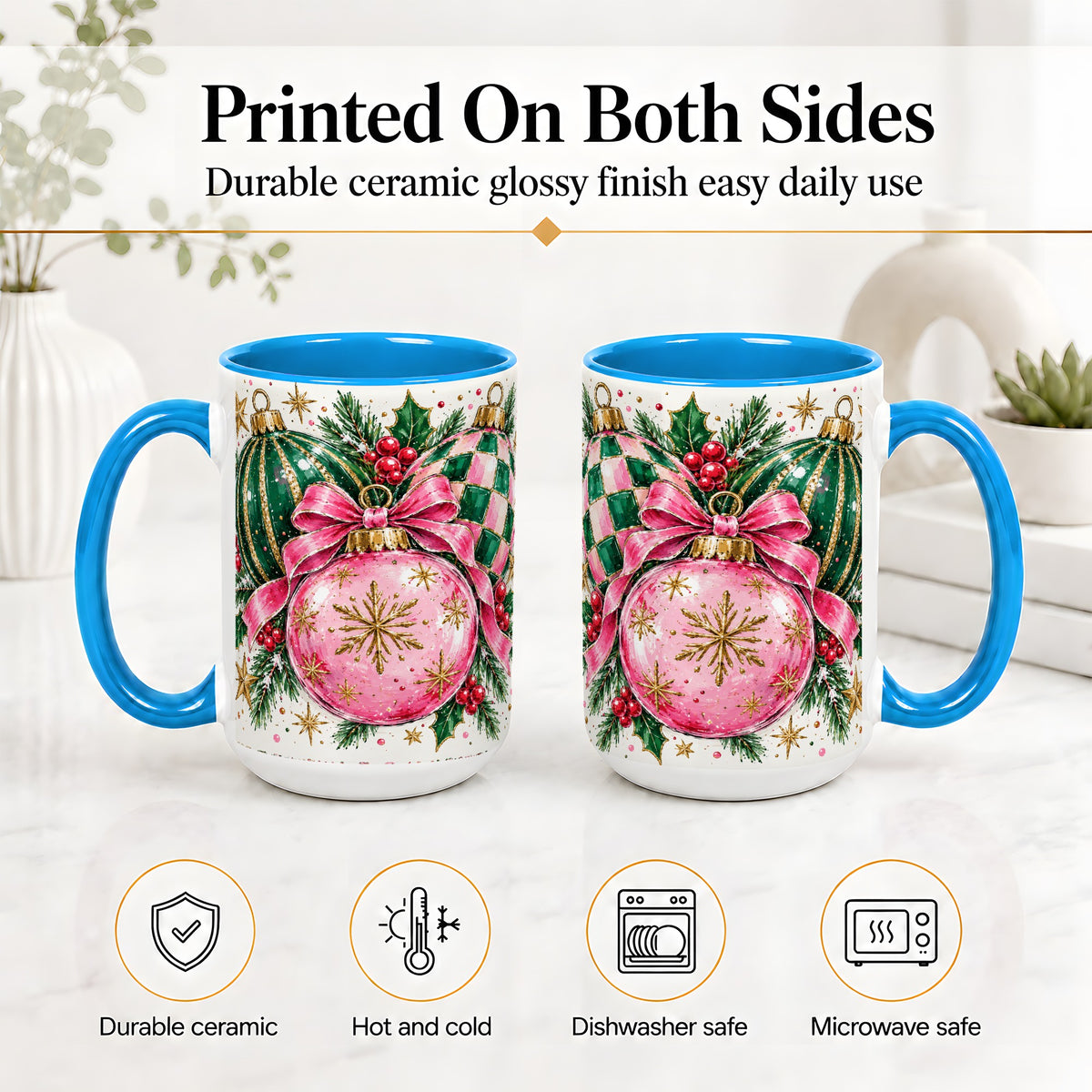 #pl[15oz|Blue] Pink Christmas Ornaments Ceramic Mug, Bow and Holly Holiday Design