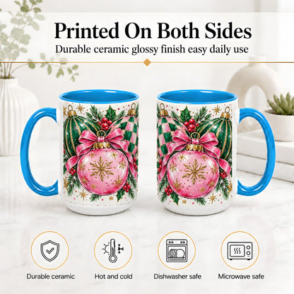 #pl[15oz|Blue] Pink Christmas Ornaments Ceramic Mug, Bow and Holly Holiday Design