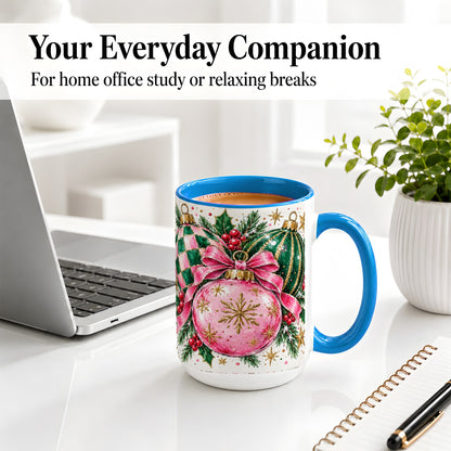 #pl[15oz|Blue] Pink Christmas Ornaments Ceramic Mug, Bow and Holly Holiday Design