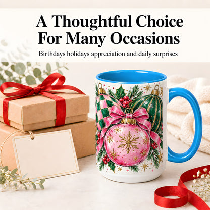 #pl[15oz|Blue] Pink Christmas Ornaments Ceramic Mug, Bow and Holly Holiday Design