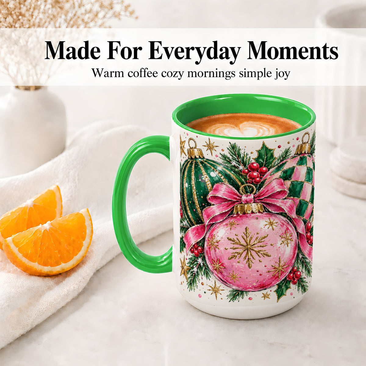 #pl[15oz|Green] Pink Christmas Ornaments Ceramic Mug, Bow and Holly Holiday Design