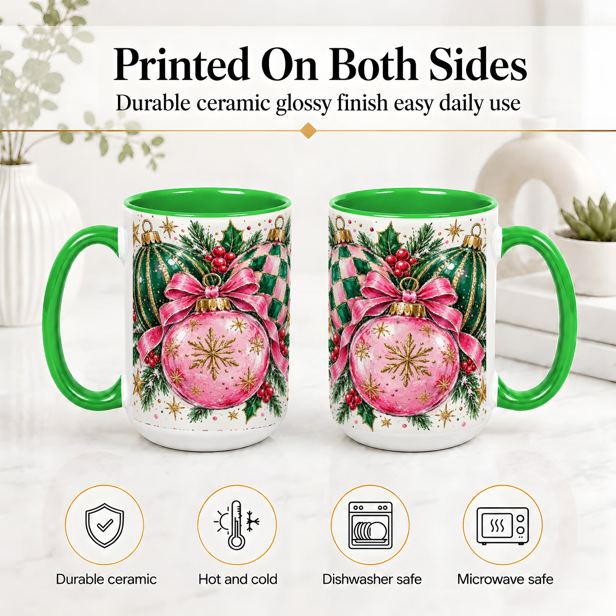 #pl[15oz|Green] Pink Christmas Ornaments Ceramic Mug, Bow and Holly Holiday Design