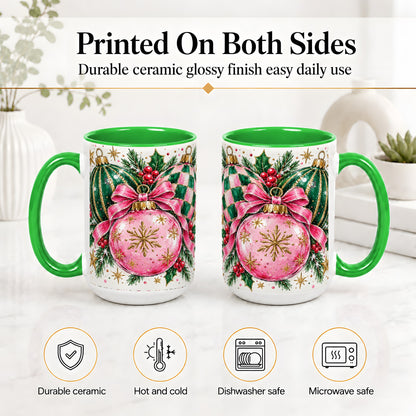 #pl[15oz|Green] Pink Christmas Ornaments Ceramic Mug, Bow and Holly Holiday Design