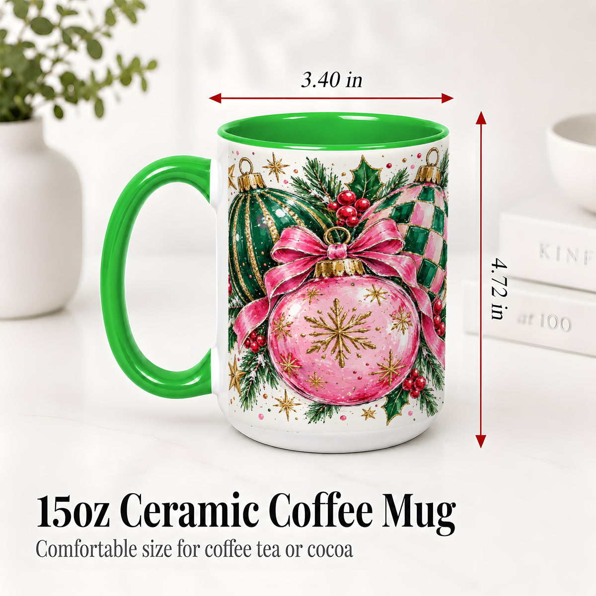 #pl[15oz|Green] Pink Christmas Ornaments Ceramic Mug, Bow and Holly Holiday Design