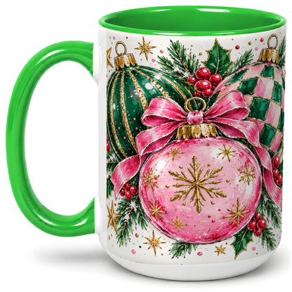 #pl[15oz|Green] Pink Christmas Ornaments Ceramic Mug, Bow and Holly Holiday Design
