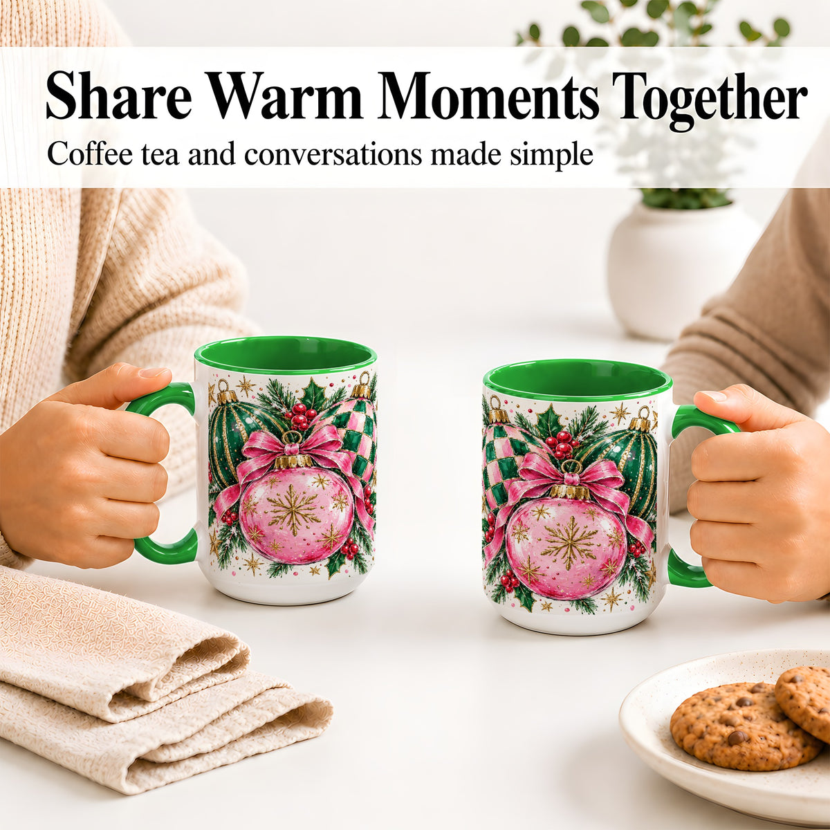 #pl[15oz|Green] Pink Christmas Ornaments Ceramic Mug, Bow and Holly Holiday Design