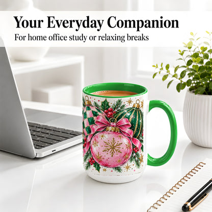 #pl[15oz|Green] Pink Christmas Ornaments Ceramic Mug, Bow and Holly Holiday Design
