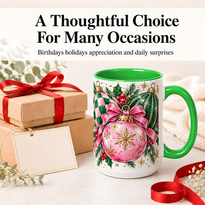 #pl[15oz|Green] Pink Christmas Ornaments Ceramic Mug, Bow and Holly Holiday Design