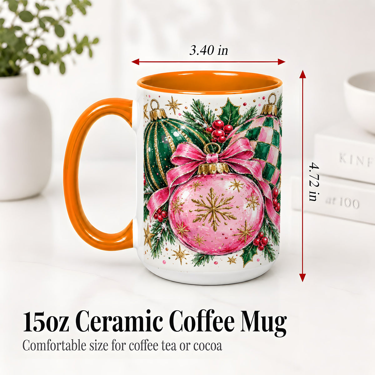 #pl[15oz|Orange] Pink Christmas Ornaments Ceramic Mug, Bow and Holly Holiday Design