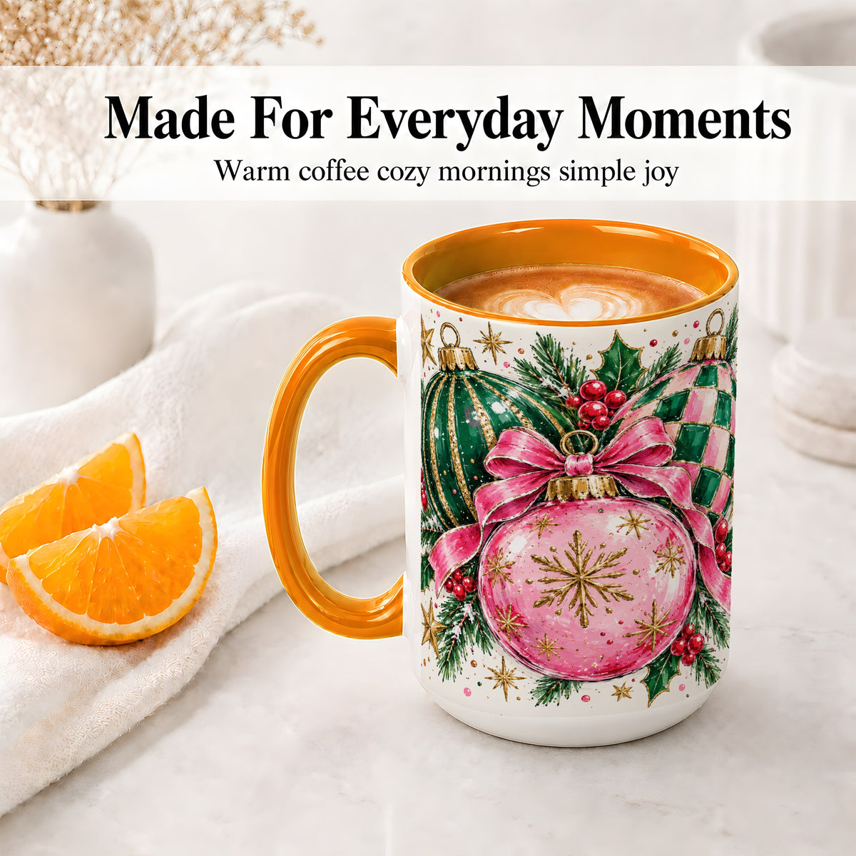 #pl[15oz|Orange] Pink Christmas Ornaments Ceramic Mug, Bow and Holly Holiday Design
