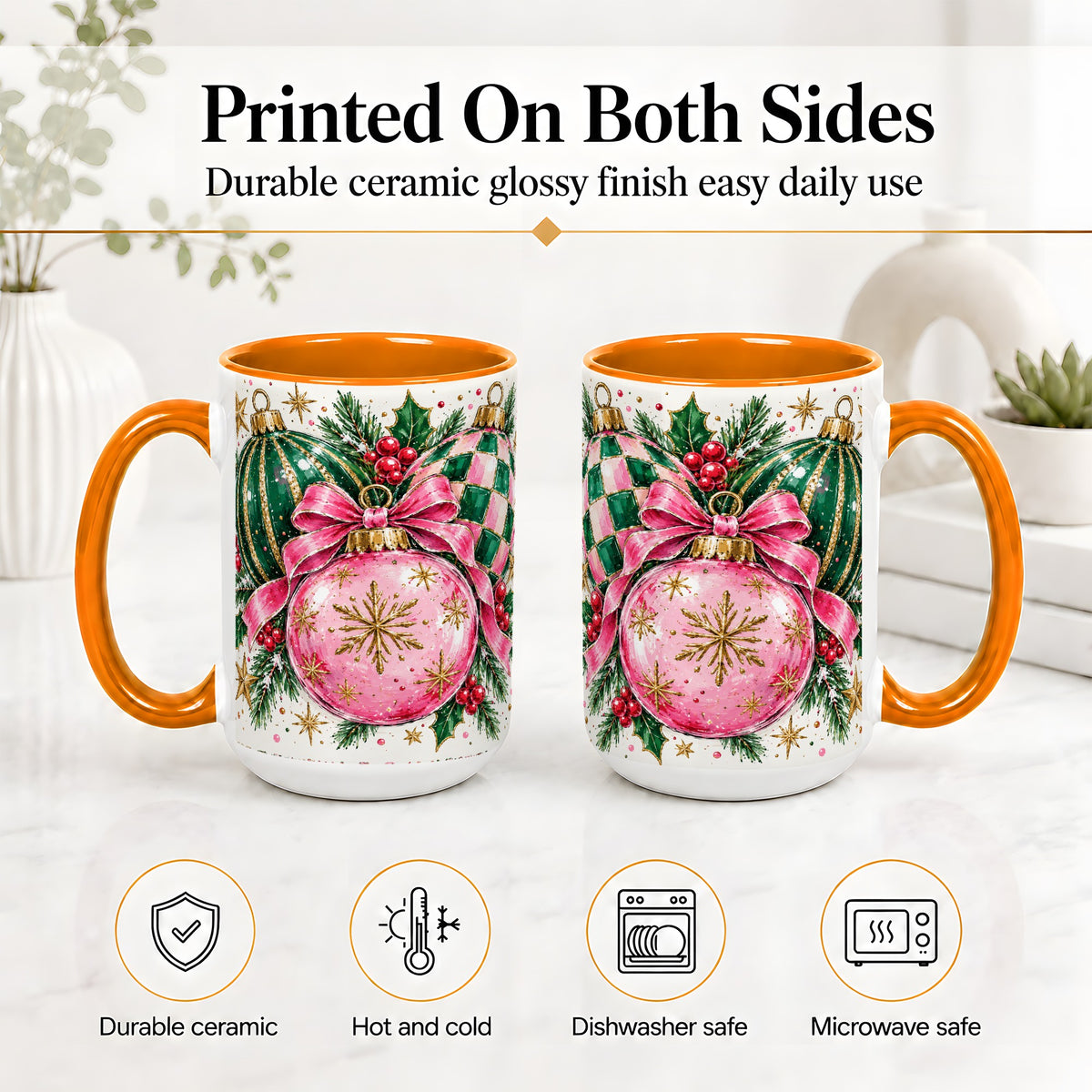 #pl[15oz|Orange] Pink Christmas Ornaments Ceramic Mug, Bow and Holly Holiday Design