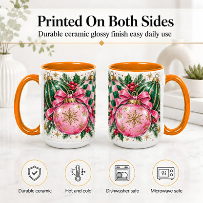 #pl[15oz|Orange] Pink Christmas Ornaments Ceramic Mug, Bow and Holly Holiday Design