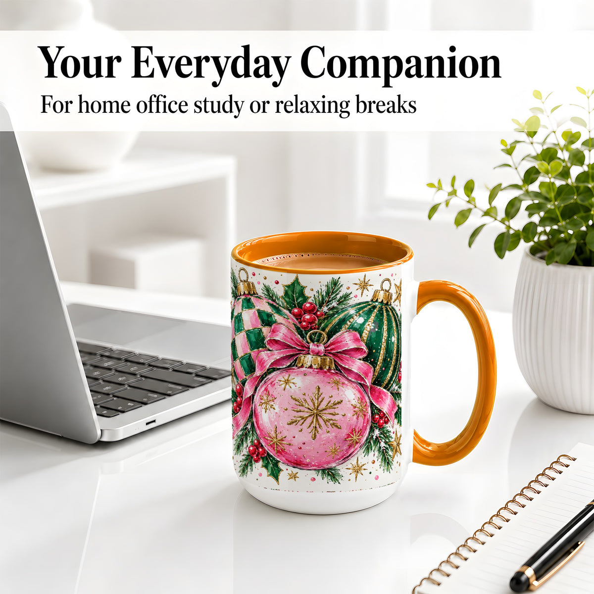 #pl[15oz|Orange] Pink Christmas Ornaments Ceramic Mug, Bow and Holly Holiday Design