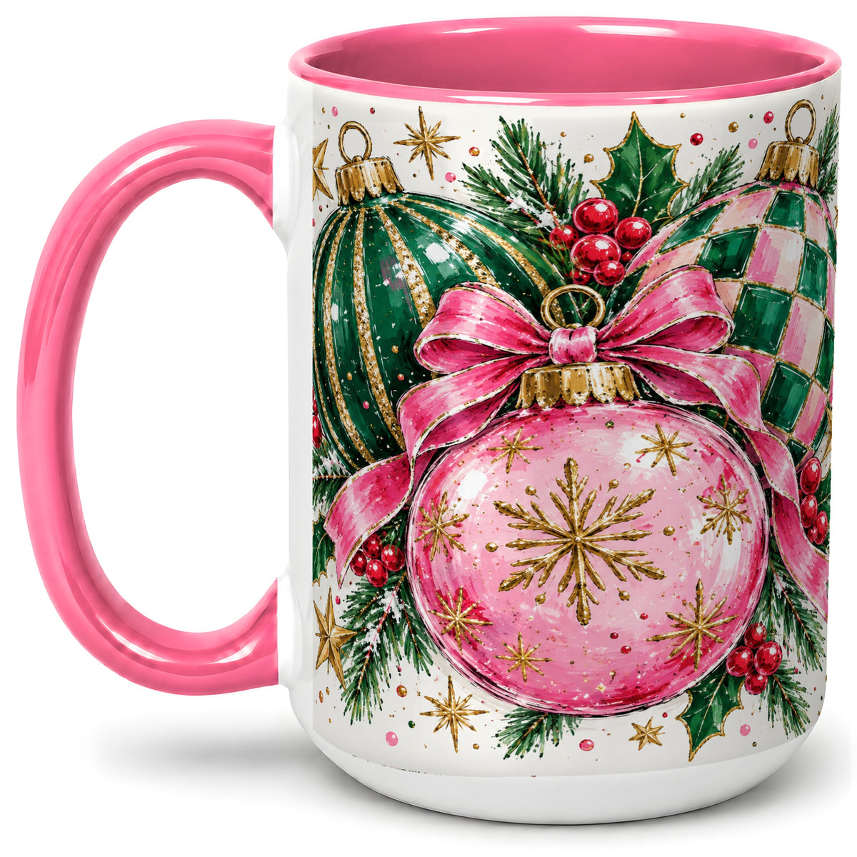 #pl[15oz|Pink] Pink Christmas Ornaments Ceramic Mug, Bow and Holly Holiday Design