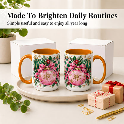 #pl[15oz|Orange] Pink Christmas Ornaments Ceramic Mug, Bow and Holly Holiday Design