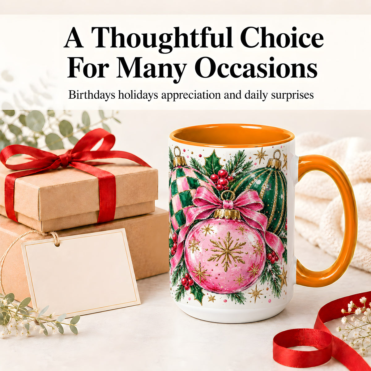 #pl[15oz|Orange] Pink Christmas Ornaments Ceramic Mug, Bow and Holly Holiday Design