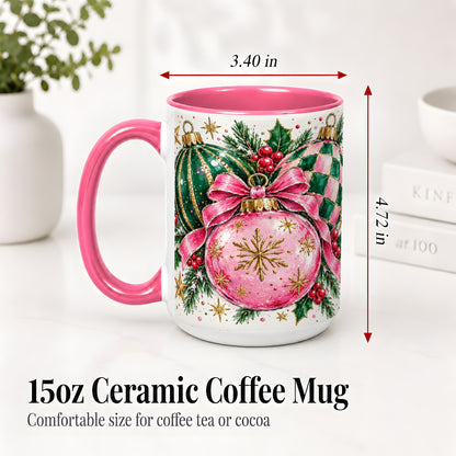 #pl[15oz|Pink] Pink Christmas Ornaments Ceramic Mug, Bow and Holly Holiday Design